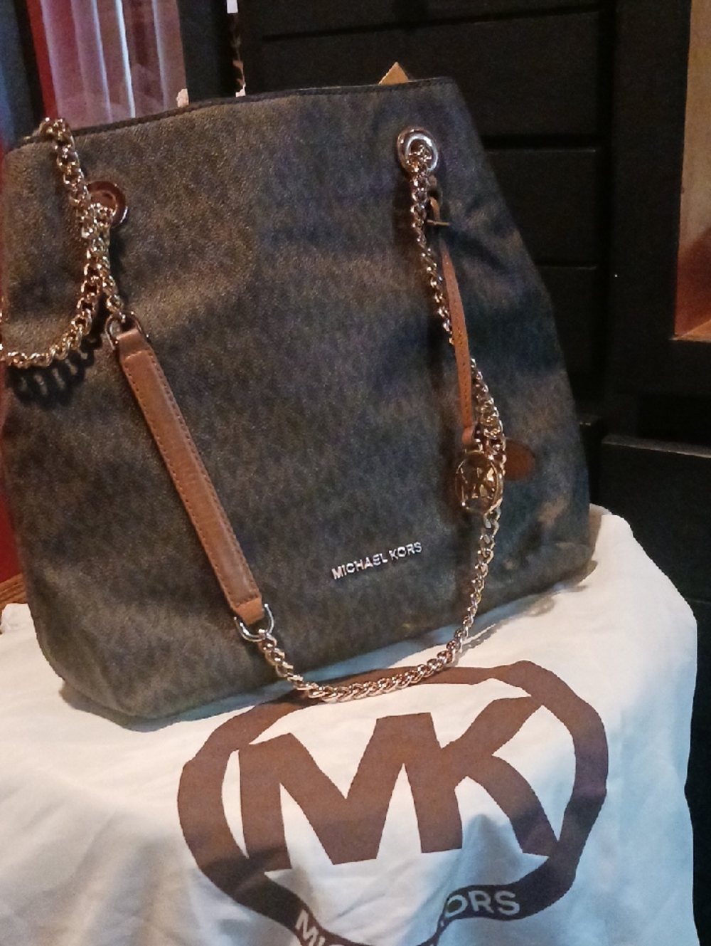 Michael Kors Brown Monogram Tote with Gold Chain Straps